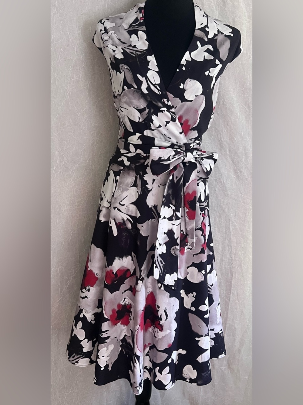 Floral Wrap Midi Dress in Black, White & Red